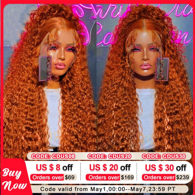 Swupod 13x4 13x6 220% Density Transparent HD Lace Front Wig for Women Deep Wave Remy Human Hair Ginger Orange 350# Loose Curly