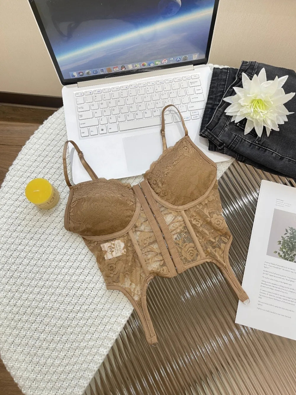 V-Neck Sexy Lace Corset Top Slim Fit Push Up Hollow Suspender Vest Adjustable Straps Off Shoulder Breathable Mesh Vest Travel