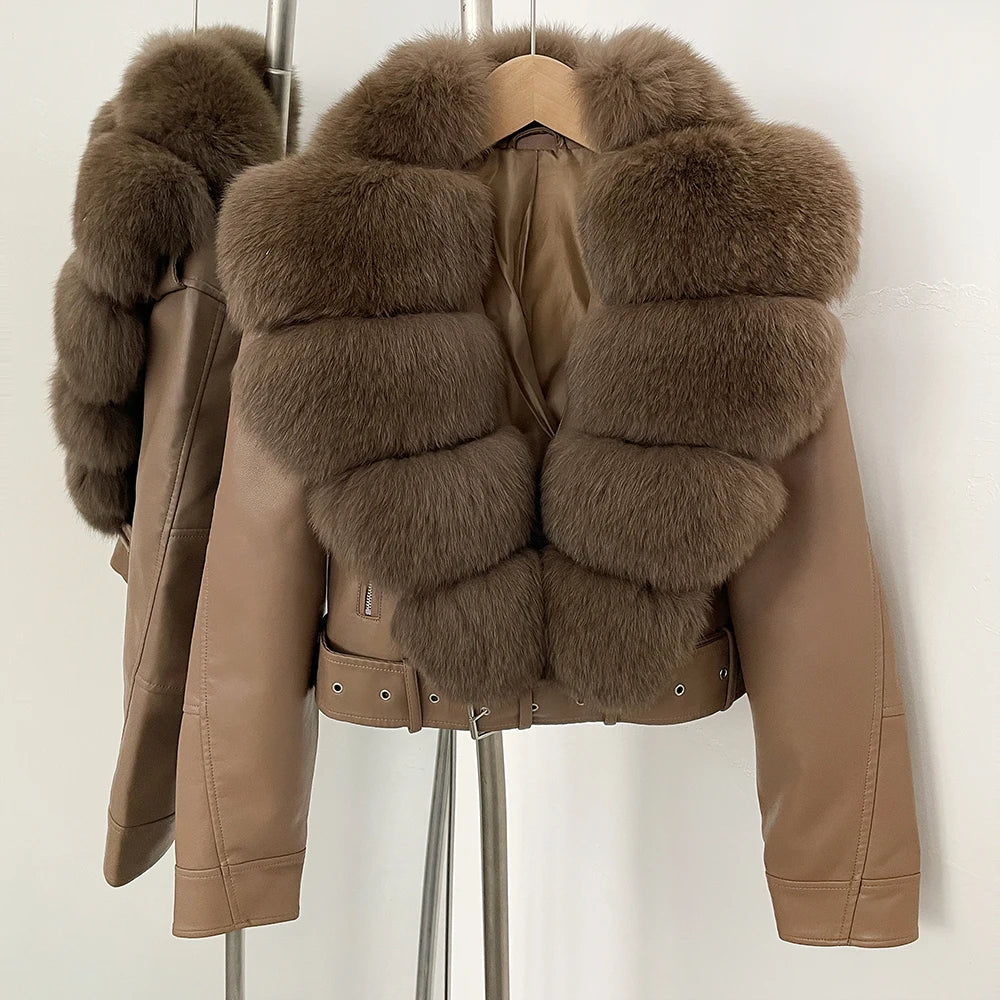OFTBUY Natural Fox Fur Faux Leather Jacket Female New Autumn Short Top Clothing Women Long Sleeve Fake Leather Real Fur Coat
