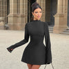BKQU Elegant Solid Backless Mini Dress Women High Waist Fashion Long Sleeve Slim A-line Dresses 2024 Autumn Party Evening Dress