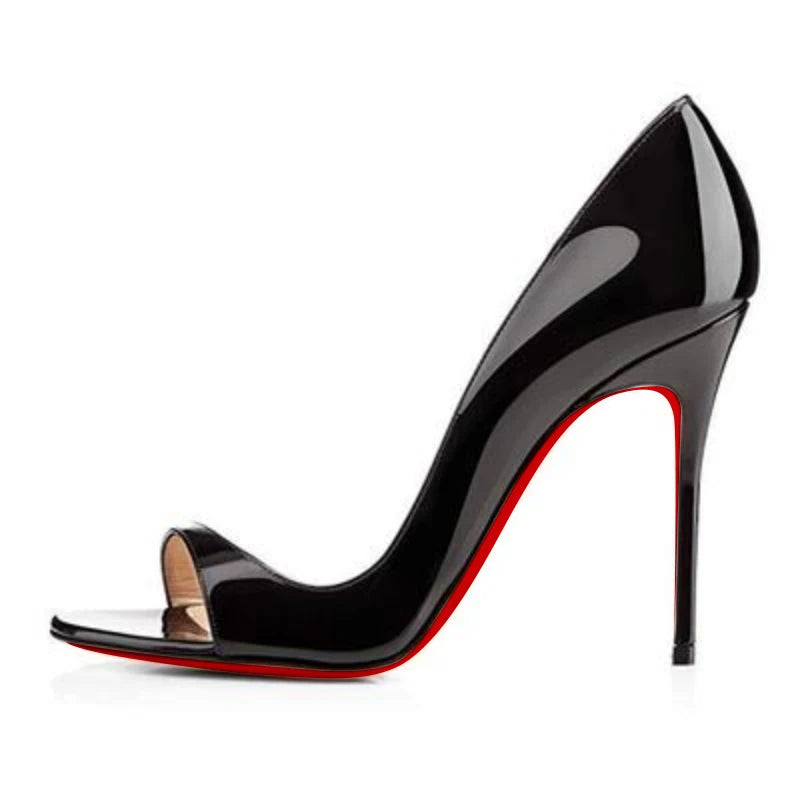2025 New European Station 12cm Sexy Black Super High Heels Side Empty Fish Mouth Sandals Thin Heels Red Bottom Fashion Shoes