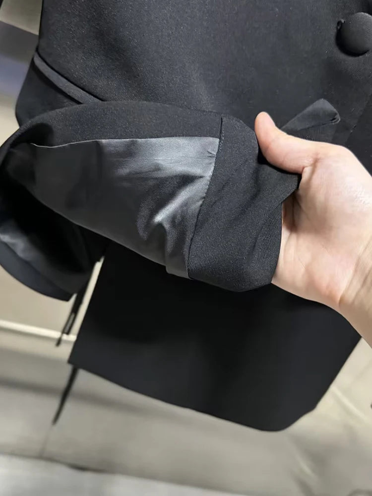 VGH Minimalistische Patchwork-Blazer mit Kordelzug für Damen, Revers, lange Ärmel, rückenfrei, ausgeschnittener Blazer im weiblichen Stil