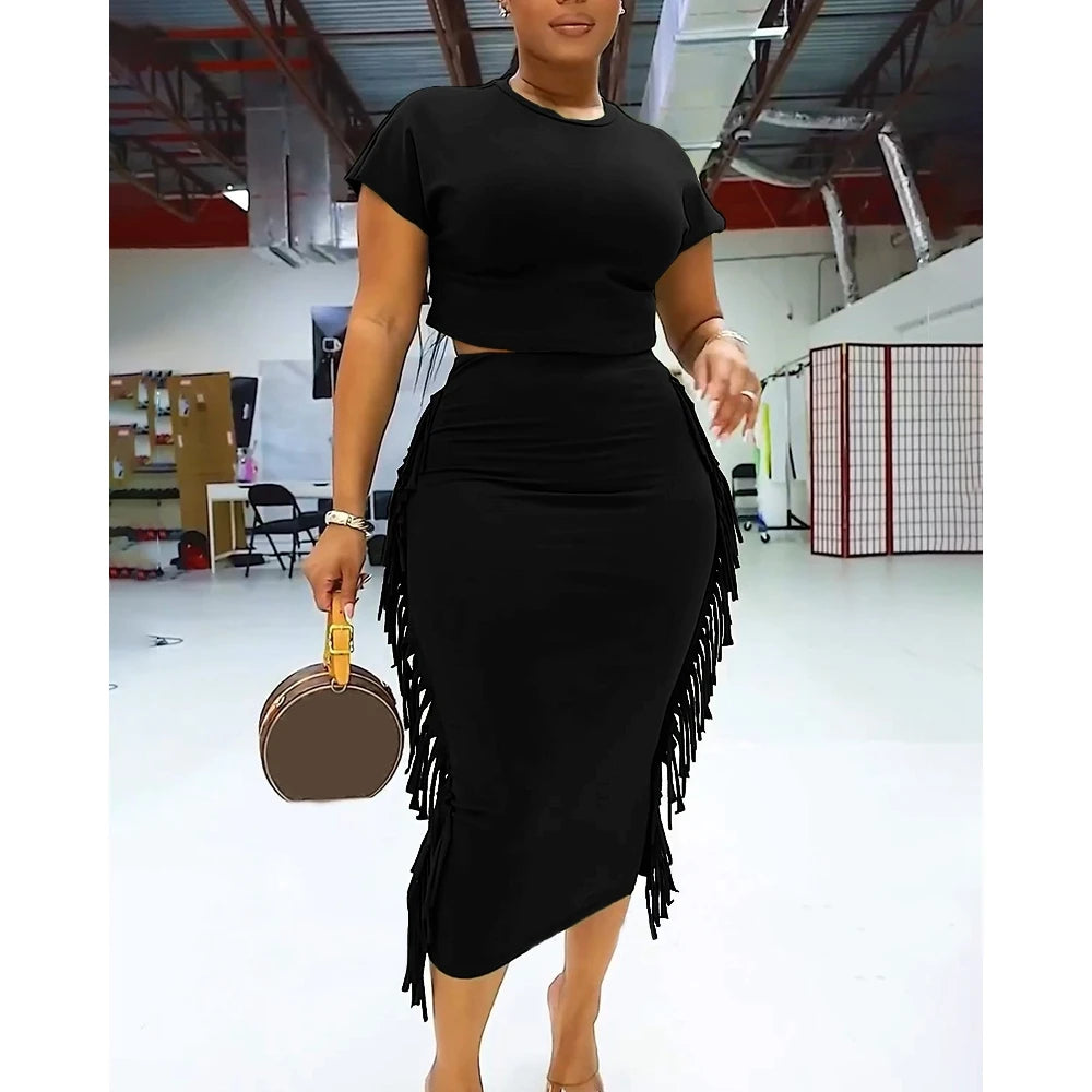 Women's Letter Print Crop Top and High Waist Long Skirt Set, Summer Workwear, Casual Tassel, Female Party Dress Sets, New, 2Pcs