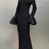 STOCK Shining Diamonds Neck Flare Sleeve Black Long Bandage Dress Elegant Woman Evening Party Dress Cocktail Party Outfit