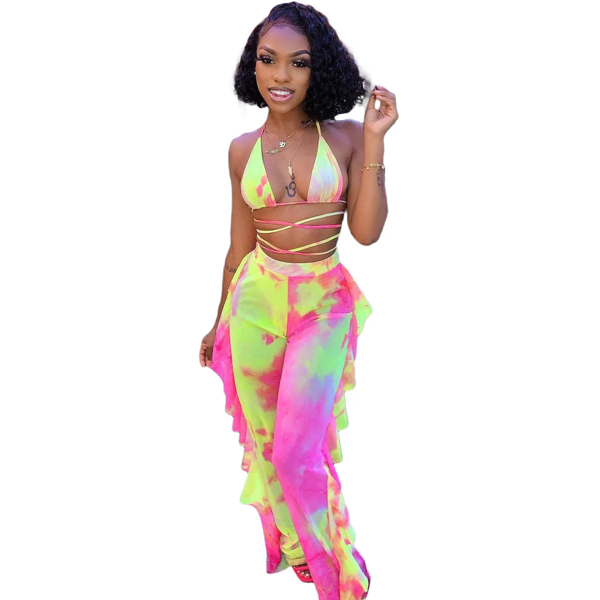 Bra+tassel Pants Suit  2 Piece Set Women Hot Pink Swimsuit Mesh Bathing Suit Sexy Matching Swimwear Viquinis Mujer 2022