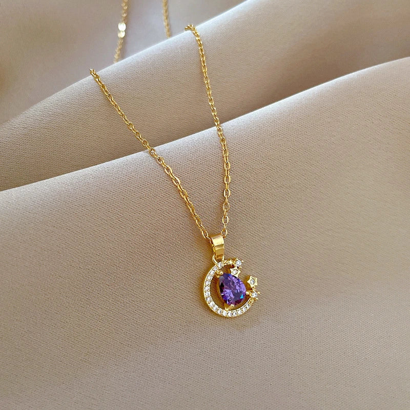 Stainless Steel Zircon Planet Star Pendant Necklace For Women Elegant Aesthetic Clavicle Chain Necklace Jewelry Party Gift