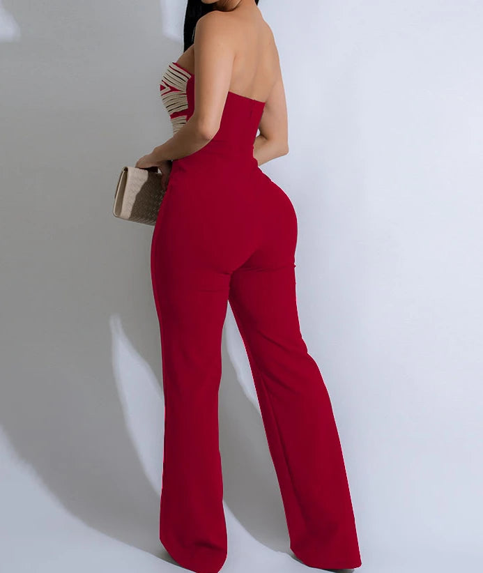 Damen-Jumpsuit 2025 Sommer Neu Temperament Modisch Sexy Ärmellos Gewebtes Band Trägerlos Rückenfrei Party Gerader Jumpsuit