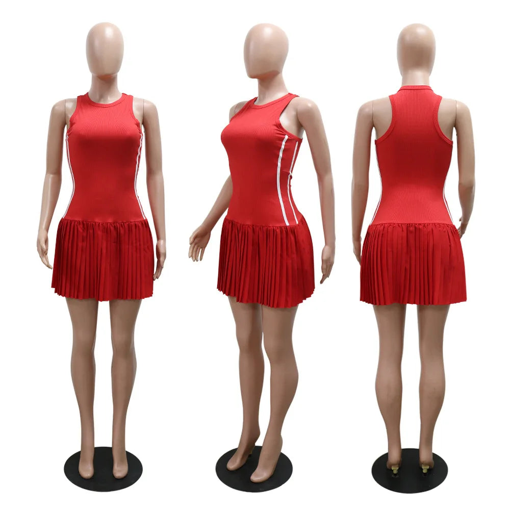 Women's Sleeveless Side Striped Stretch Pleated Mini Dress for 2025 Summer Sexy Casual Short Dresses Sports Streetwear Clothing