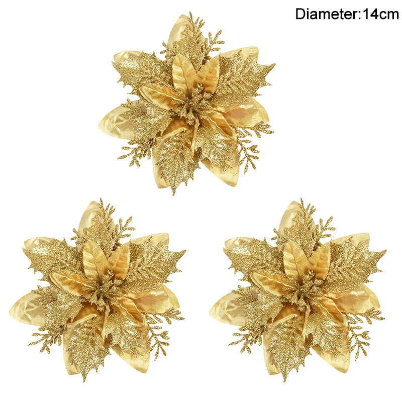 3/10Stück 14cm Weihnachtsblumen Glitzer Rot Gold Blütenkopf Weihnachtsbaumschmuck Neujahrsdekorationen für Zuhause Navidad Noel Geschenke