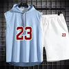 Summer New Men's Sleeveless Hooded T-shirt+shorts pants Sports two-piece set gym  Fashion  Casual Men Women Sports Two Piece Set