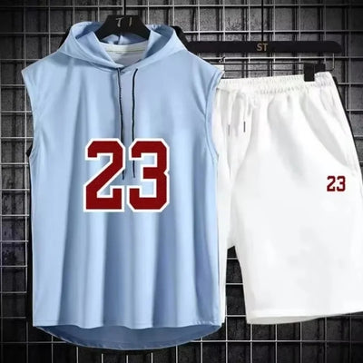 Summer New Men's Sleeveless Hooded T-shirt+shorts pants Sports two-piece set gym  Fashion  Casual Men Women Sports Two Piece Set