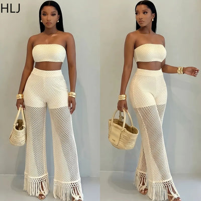 HLJ Casual Crochet Knit Women 2 Piece Outfits Strapless Bandeau Crop Top + Tassel Mesh Wide Leg Pants Matching Streetwear Summer