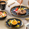 LOVECASA 16/32 Piece Black Porcelain Dinnerware Set with Gold Trim Dessert Plate,Dinner Plate,Cup,Bowl Tableware Set