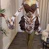 CM.YAYA Women Tie Dye Print Cascading Ruffles Bell Long Sleeve Bodycon Ruched Draped V-neck Dress Vacation Beach Holiday Dresses