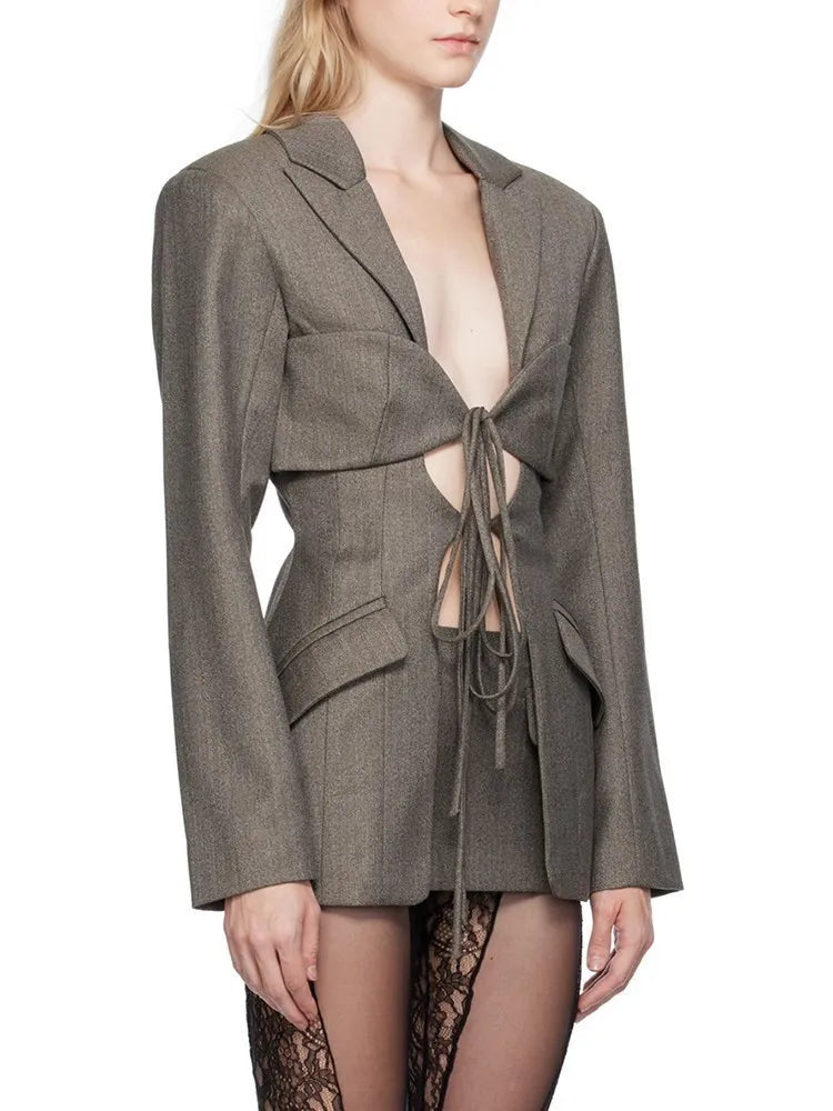TWOTWINSTYLE Patchwork Lace Up Hohl-Blazer für Damen mit gekerbtem Kragen, langen Ärmeln, Tunika, Designer-Blazer, weibliche Mode Neu