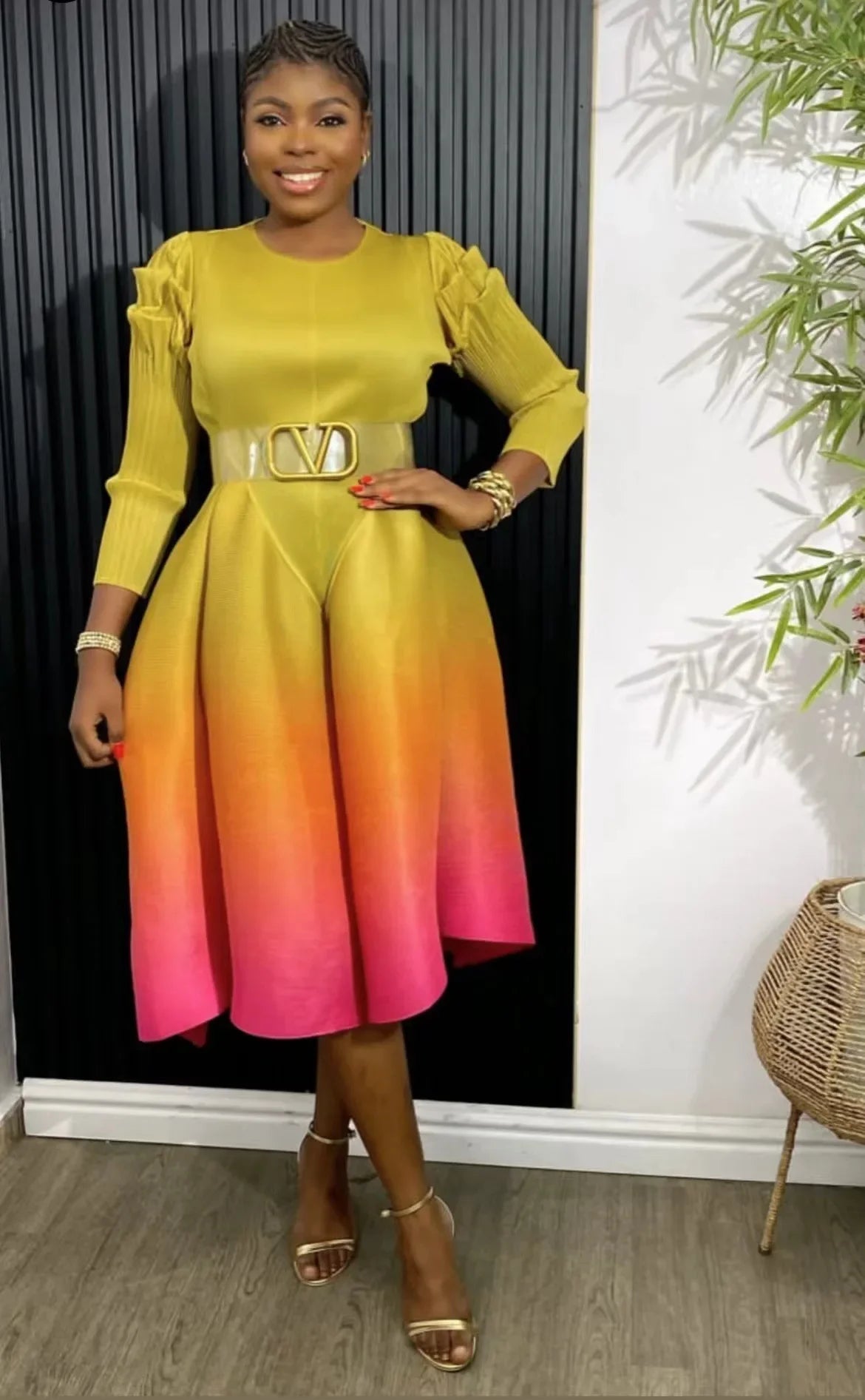 Miyake Plissiertes Maxikleid mit Farbverlauf, Rundhals, langen Ärmeln, locker sitzend, stark dehnbar, Laternenkleider für Damen, Sommer 2024, Neu
