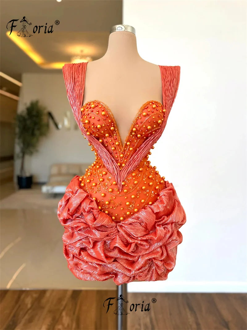 Fashion Orange Beaded Ruffles Cocktail Dress Pearls Sleeveless Prom Party Cute Dress Short Graduation Wear vestidos de gala 2024