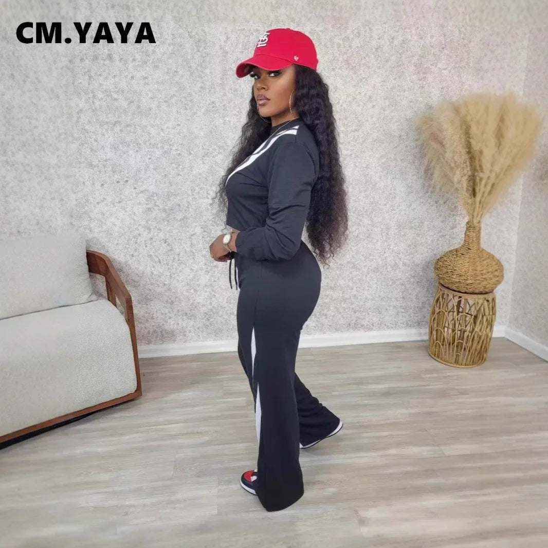 CM.YAYA Fashion Striped Splicing Women's Set Long Sleeve Sweatshirt and Sweat Pants Tracksuit 2024 Winter Two 2 Piece Set Outfit