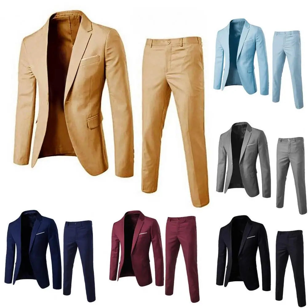 1 Set Stylish Formal Suit Temperament Men Pants Turndown Collar Pure Color One Button Suit Set Daily Wear