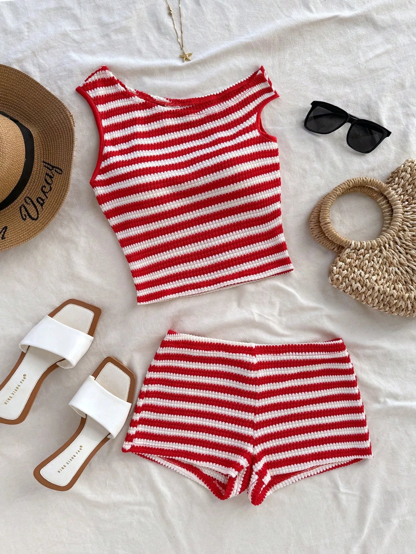 European and American striped vest shorts set, summer knitted hot pants top two-piece set