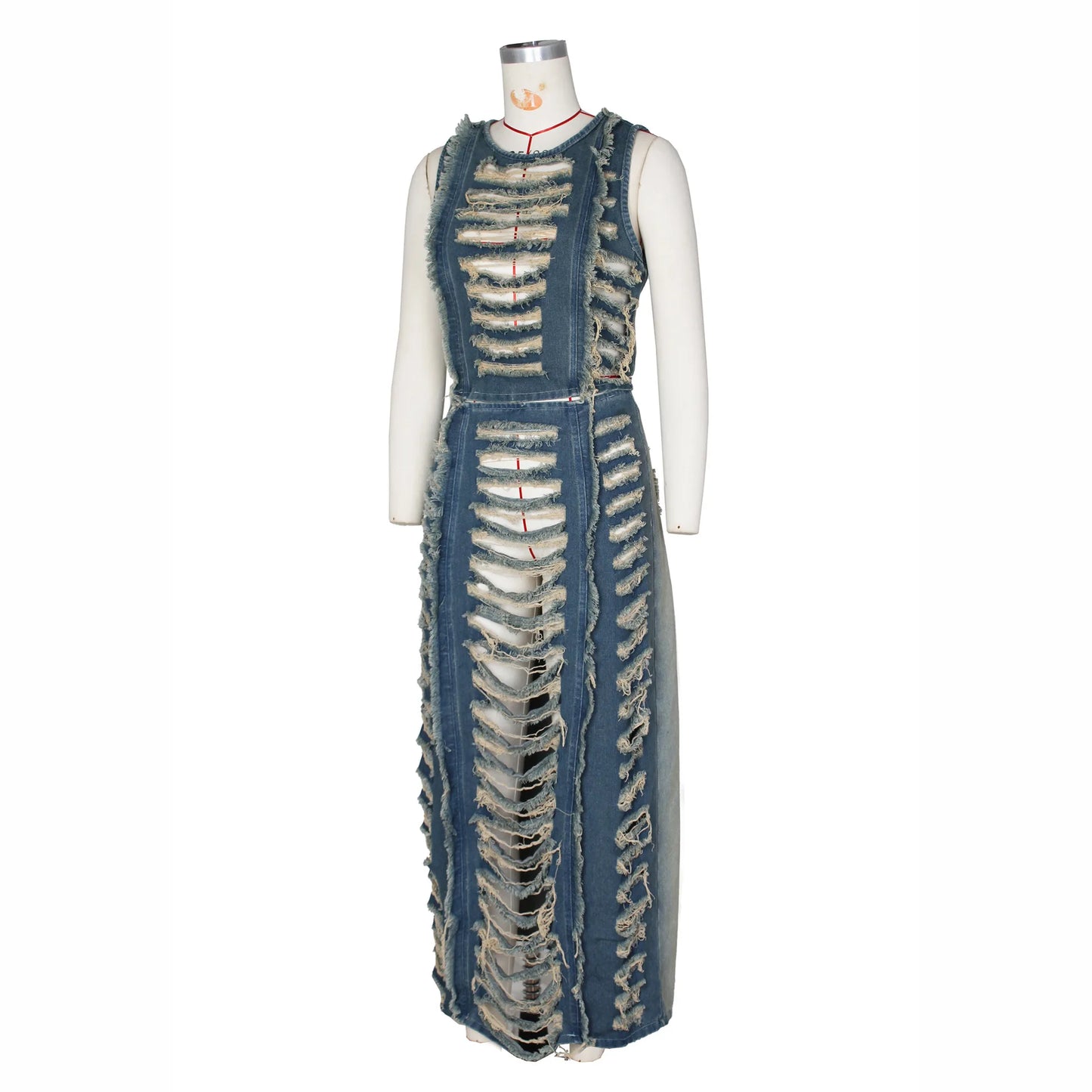 FAGADOER Fashion Streetwear Women Denim Hole Hollow Sleeveless Crop Top And Side Slit Skirts Two Piece Sets Sexy Cowboy Outfits
