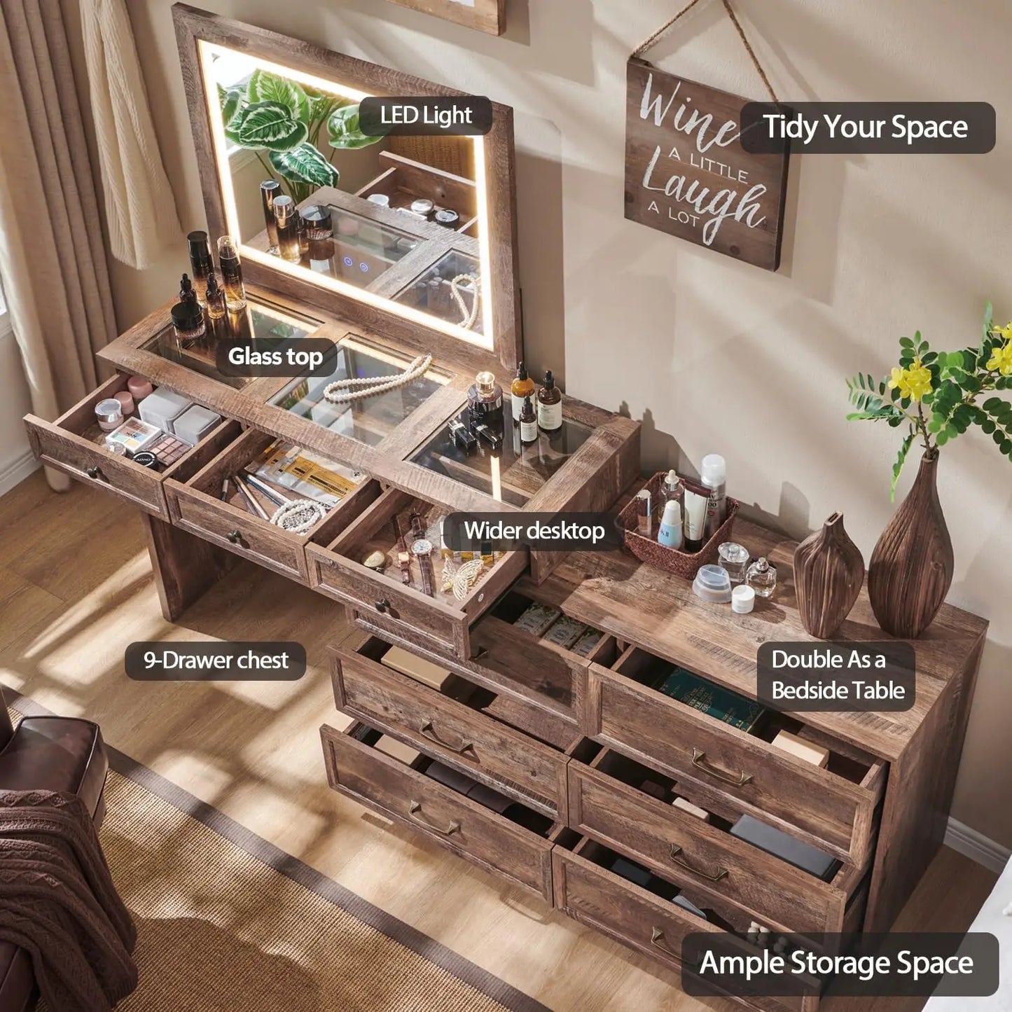 69" B rustikale Schlafzimmerkommode aus Holz mit Glasplatte, 9 großen Schubladen, 3 farbigen Leuchten und 30" HD-LED-Spiegel