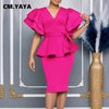 CM.YAYA Damen Kurzarm V-Ausschnitt Gürtel Hohe Taille Midikleid 2025 Sommer Afrika OL Business Abend Sexy Partykleider Vestidos