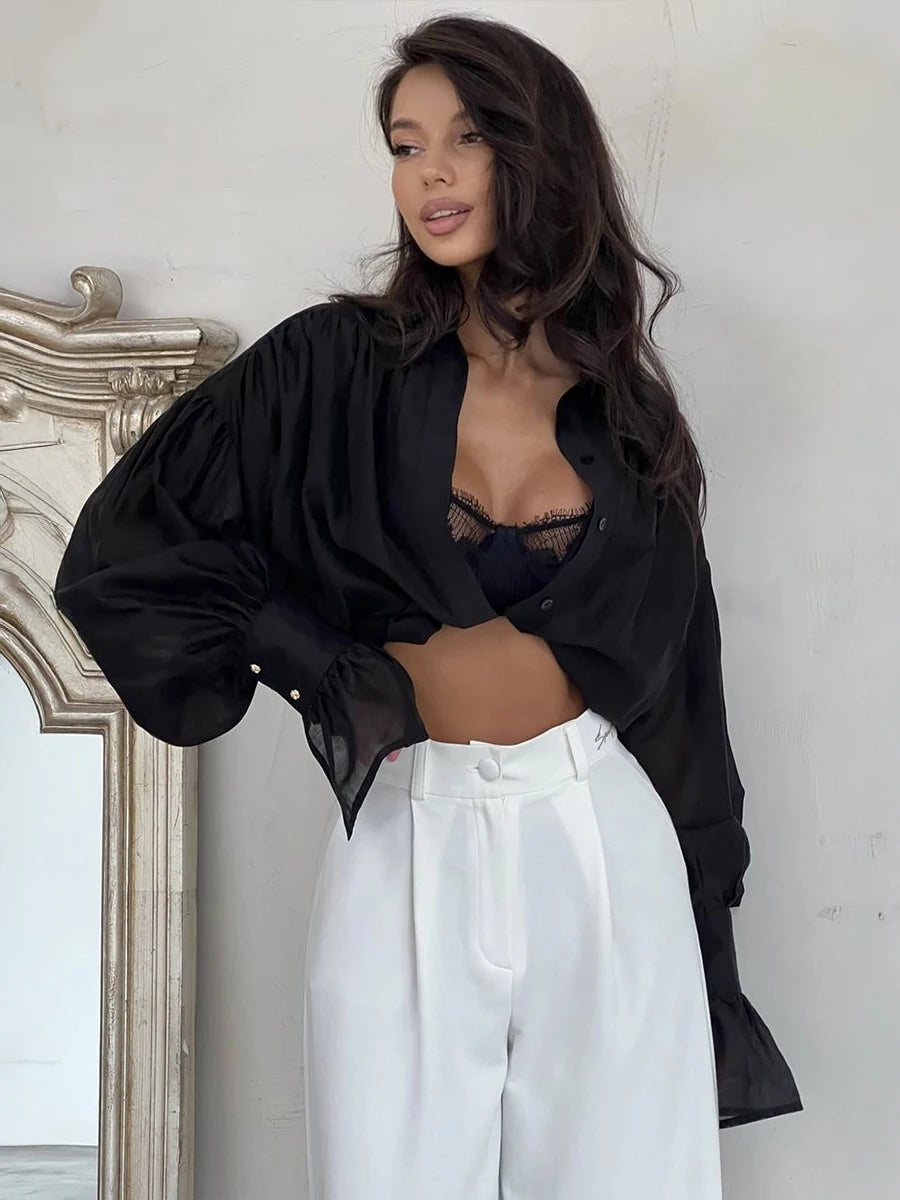 Bornladies Autumn Women's Fashionable Loose Collared Shirt Office Lady Solid Color Versatile Flare sleeve Top Long Sleeved Shirt
