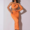 Women's 2 Piece Outfits One Shoulder Cutout Crop Top Ruched Maxi Skirt Set Orange Bodycon Party Clubwear
