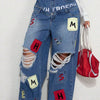 European and American High Street Ripped Jeans Women Double Waist Letter Patch Wide Leg Pants Floor Mopping Pants Loose Straight