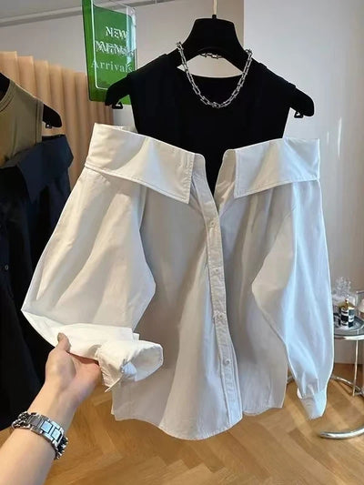Neue schulterfreie Blusen Damen, schmal und locker geschnittenes Tanktop, gespleißte Langarmshirts, herbstliche Rundhals-Mode-Shirts Damenoberteil