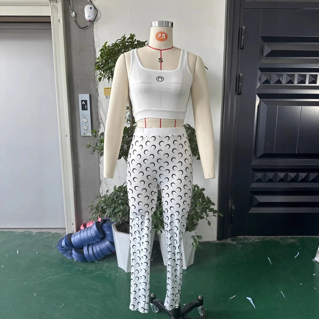 STYLISH LADY Moon Printed Sports 2 Piece Set Women Sleeveless Crop Top and Skinny Pant Suits 2025 Summer Street Fitness Outfits
