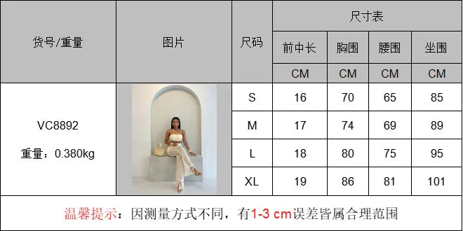 HLJ Casual Crochet Knit Women 2 Piece Outfits Strapless Bandeau Crop Top + Tassel Mesh Wide Leg Pants Matching Streetwear Summer