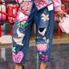 Chic Women Spring Floral Embroidery Diamonds Beaded Holes Denim Pants High Waist Loose Rhinestones Jeans Cowboy Broken Trousers