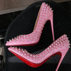 Pink studded high heels, fashionable, ultra shallow mouth, pointed toe, thin heel, hate sky, high punk style, 12CM