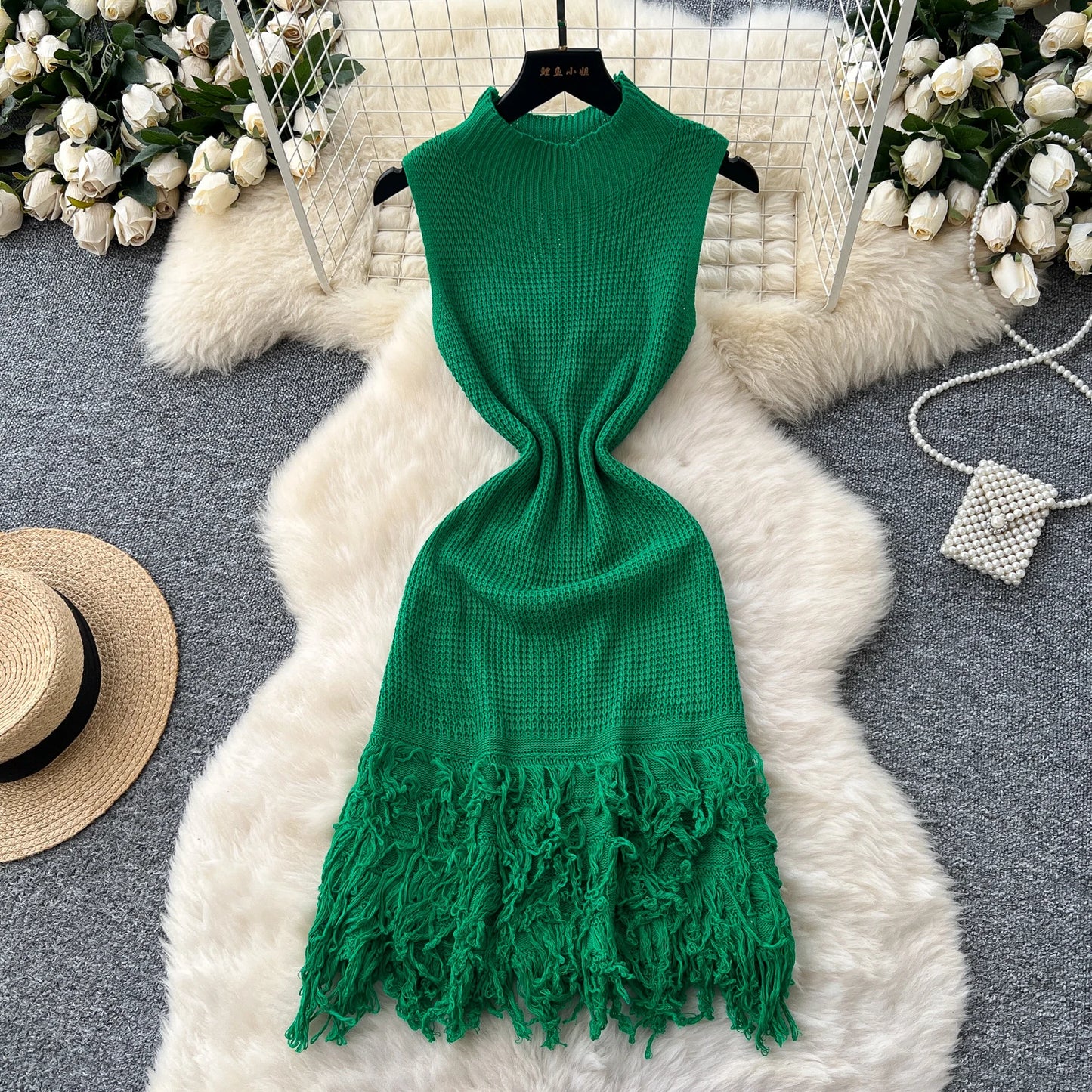 Chic Elastic Knit tassel O Neck Women Elegant Korean Fashion Vestidos Summer A-line Wrap mini dress