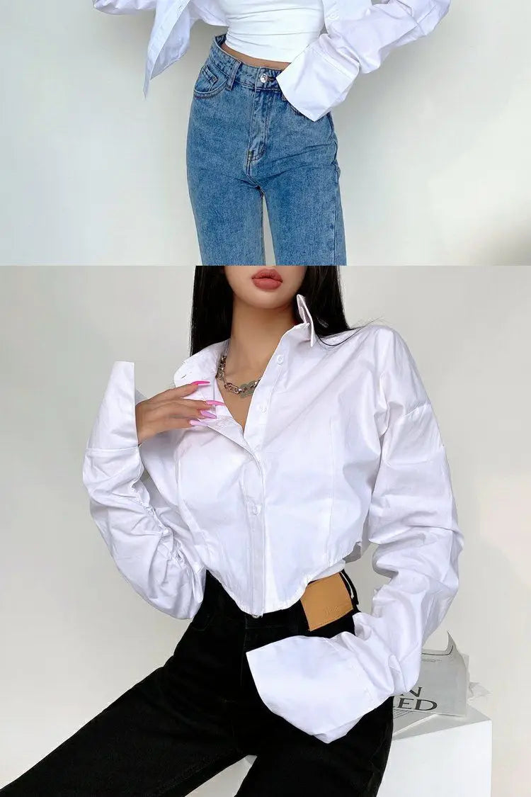 Zadily 2025 Summer Korean Style Long Sleeve White Shirt Women Sexy Button Ladies Crop Tops Blouse Street New In Female Clothing