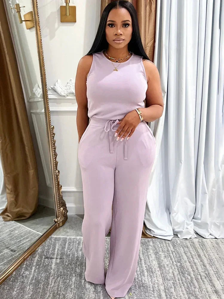Solid Casual Jumpsuit for Women Sleeveless Drawstring High Waist One Pieces Rompers and Jumpsuits Summer Outfits Combinaison