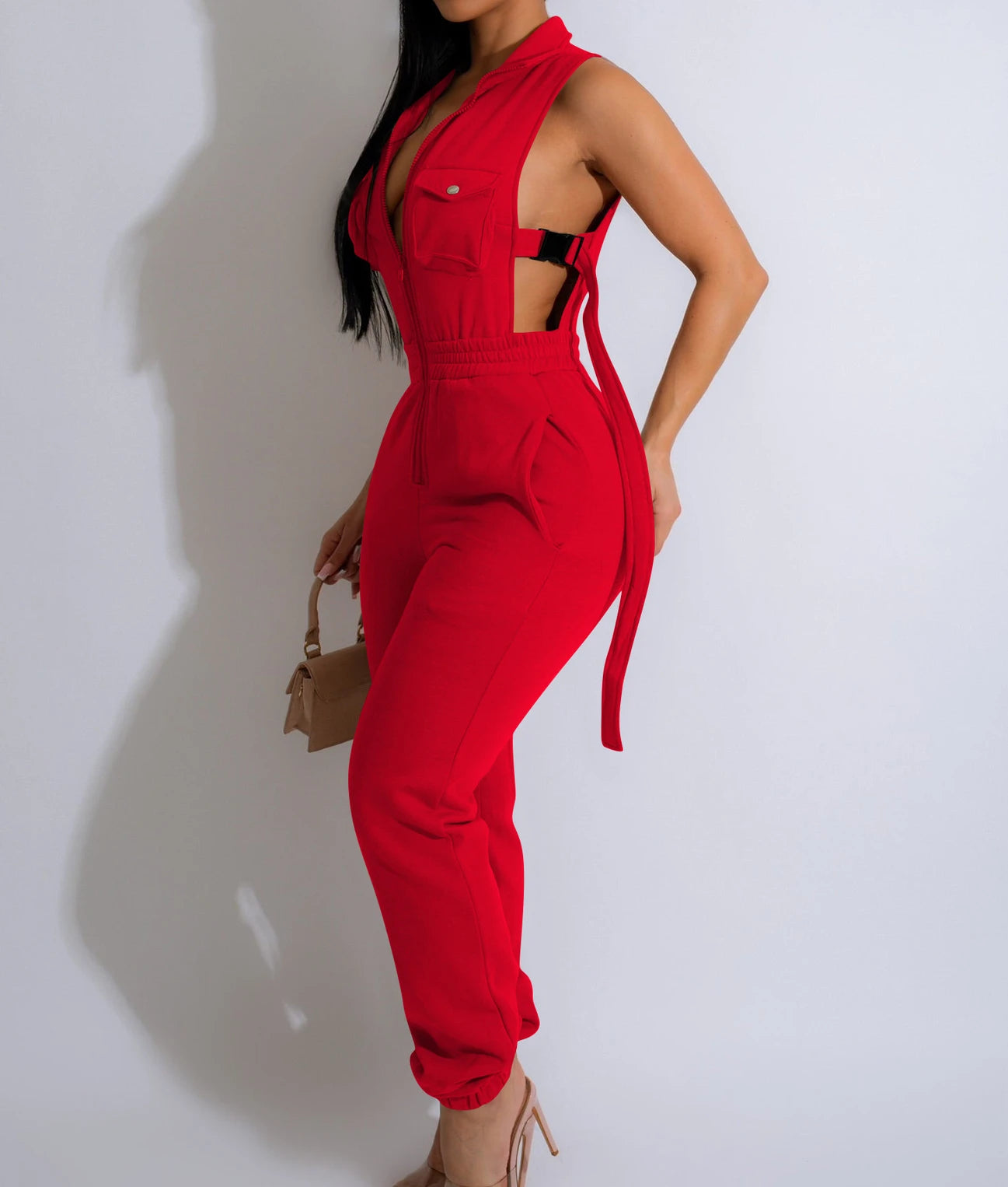 Jumpsuits für Damen 2024 Sommer Sexy Spicy Girl Seitenknopf Reißverschluss Ärmellos 4 Taschen Jumpsuit Streetwear Fashion Overalls