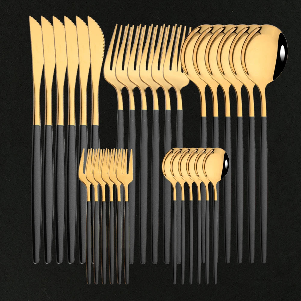 30Pcs/Set Stainless Steel Dinner Black Gold Dinnerware Set Knife Fruit Fork Spoon Cutlery Set Kitchen Tableware Silverware Sets