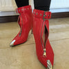 Gürtelschnalle Reißverschluss vorne Modenschau Stiefeletten Damen Herbst Winter Neu Spitz Metallverzierung Rote High Heels Ankle Boots