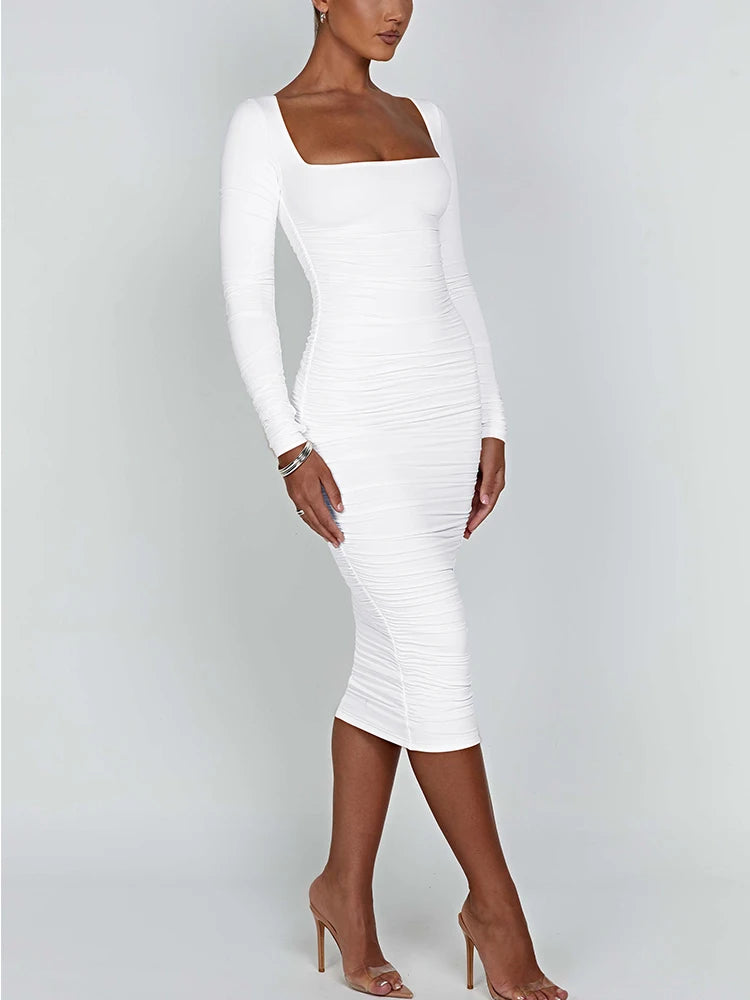 Herbst und Winter Damen Sexy Bodycon Kleid Quadratischer Ausschnitt Langarm Abendkleider für Damen