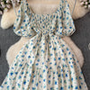 2024 Neues Sommer Blumenmuster Maxikleid Damen Vintage Eckiger Ausschnitt Geraffte Brust Schärpe Bandage Sommerkleid Partykleid