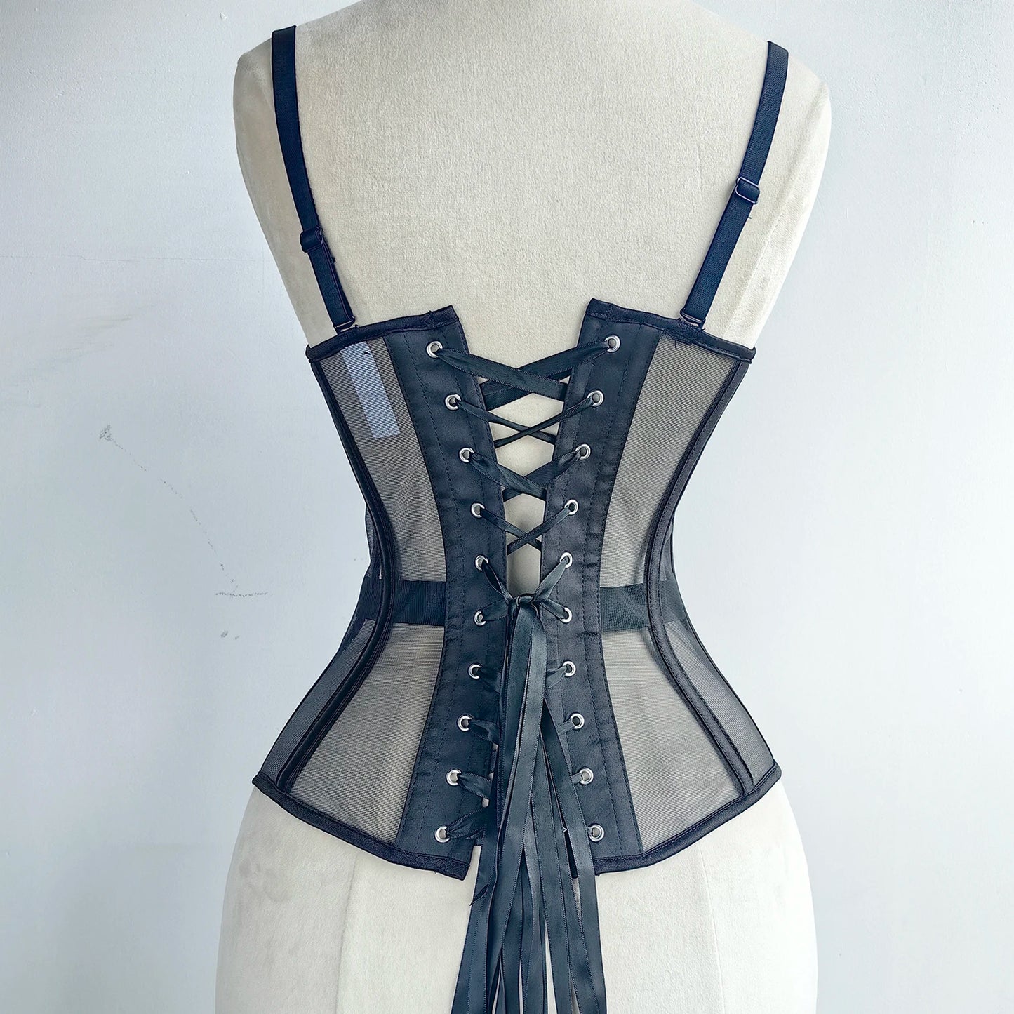Women Luxury Mesh Corset Bustier Transparent Bodices With Cups Waist Slimmer Lace Up Steel Bone Tight Fitting Tube Tops Costume