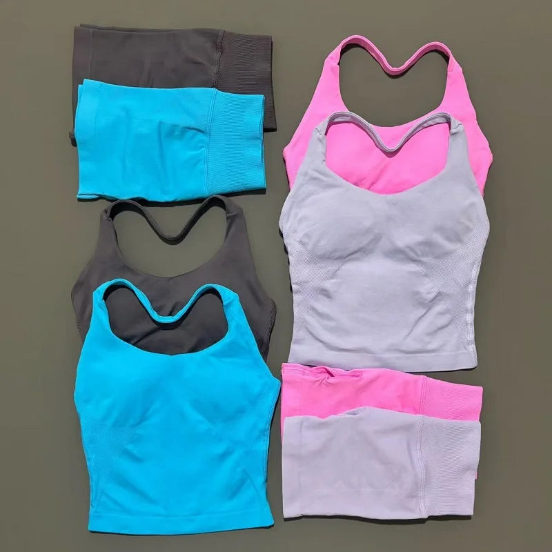 2 Pieces Sports Set Women Backless Halter Tops High Waist Seamless Hight Stretch Shorts Gym Suit Sportswear Workout Sets