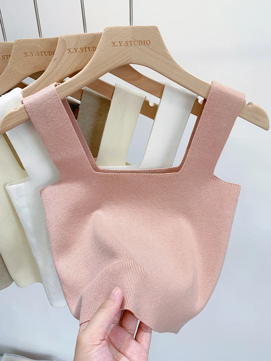2026 Summer Women Sexy Sleeveless Tops Fashion Short Square Collar Tank Tops 6 Colors Knitted