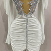 Luxury Sparkly Crystals Sexy Mesh White Velvet Short Dress 2025 Women Elegant Evening Prom Birthday Party Dresses Stage Costume