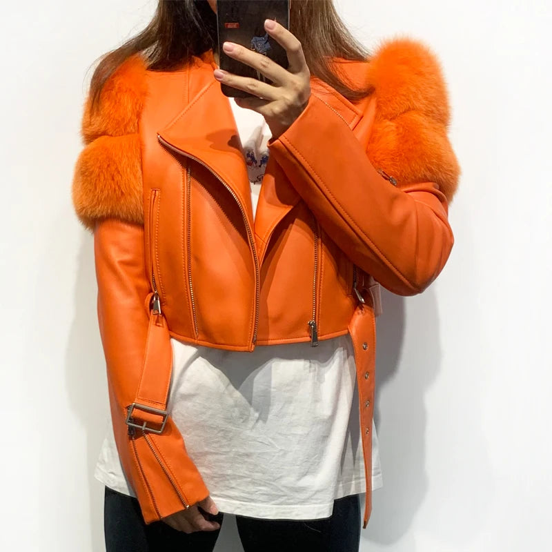 GO BALLISTIC YA Women Leather Jacket With Fur Sleeve Fashion Ladies Crop Jacket