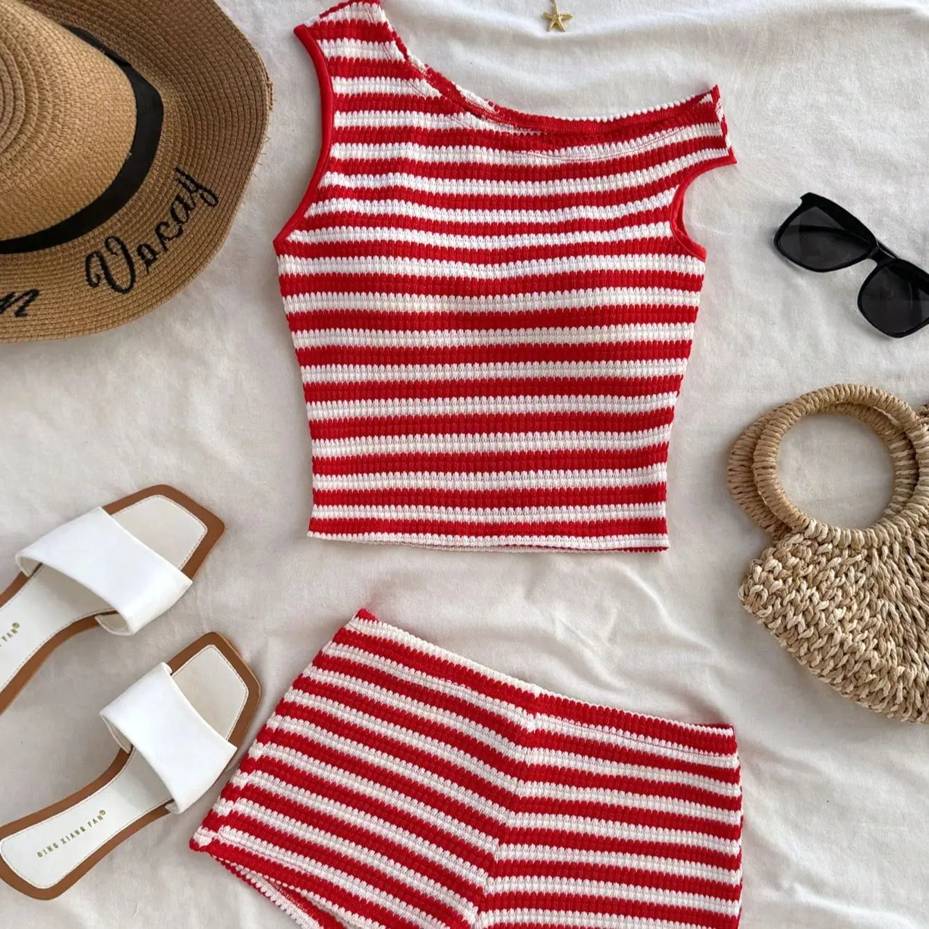 European and American striped vest shorts set, summer knitted hot pants top two-piece set