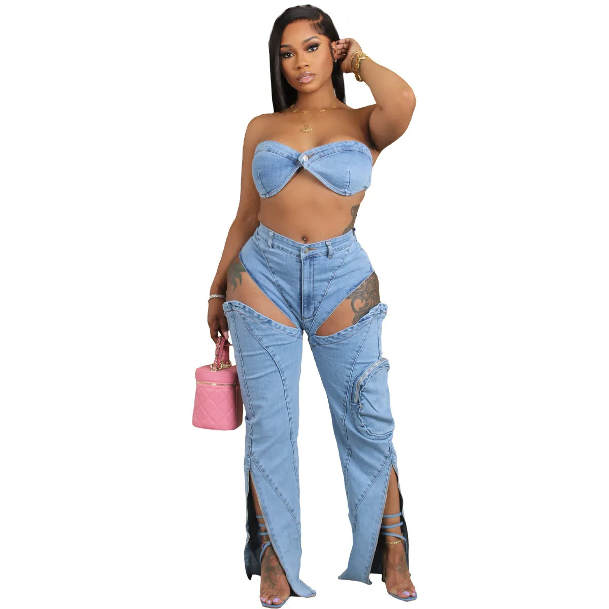 Jeans-Sets für Damen 2024 Sexy Streetwear Zweiteilige Outfits Brustwickel Ärmelloses, rückenfreies Top Ausgeschnittene Jeans